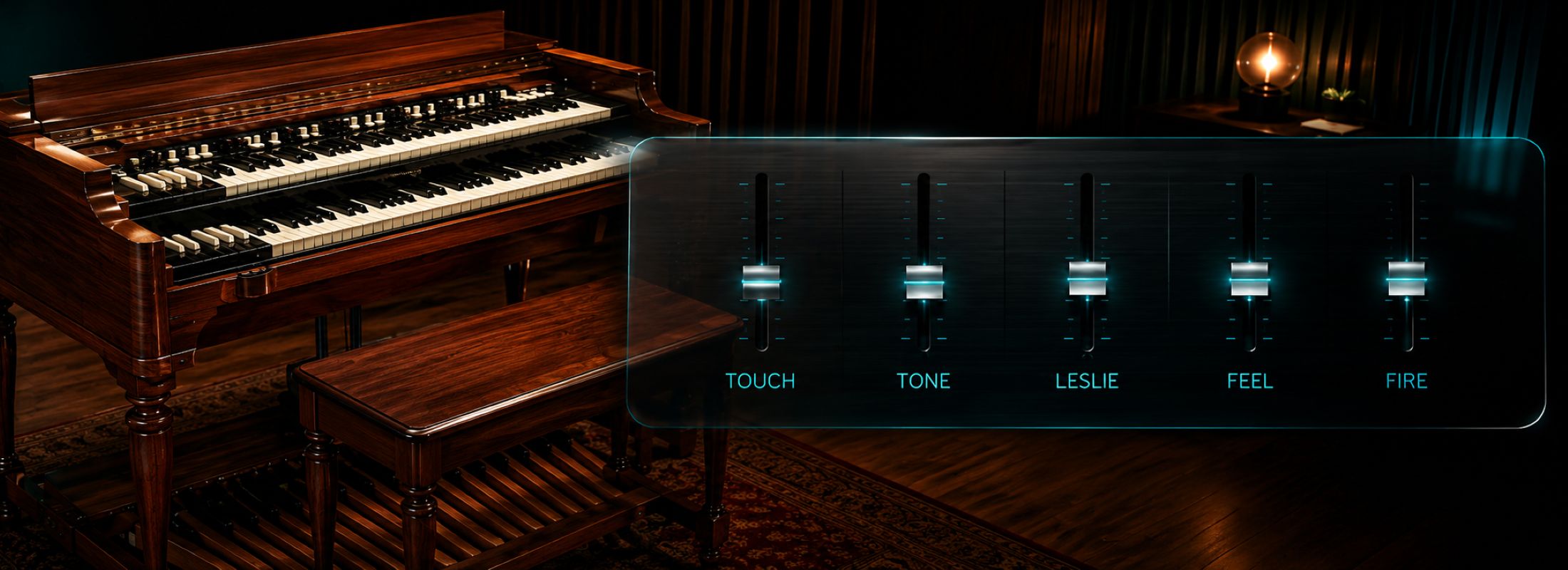Hammond B3 organ with drawbar fader overlay labeled Touch, Tone, Leslie, Feel, Fire